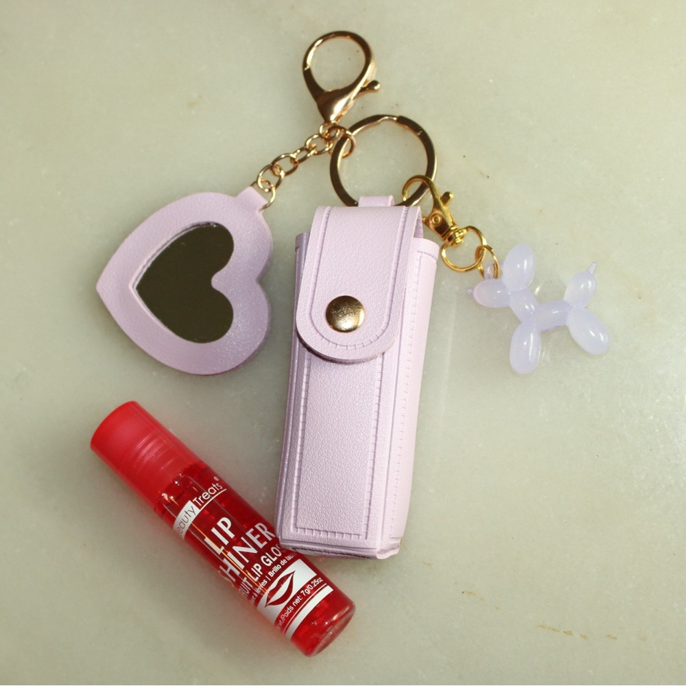 Lip Balm Holder Keychain with Balloon Dog & Heart Mirror Purple with Gold
